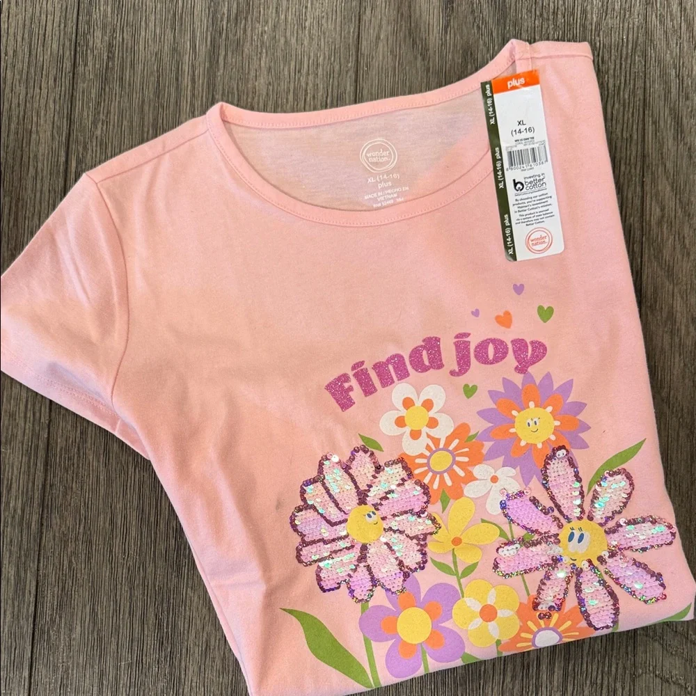 Wonder Nation Pink 'Find Joy' Floral Tee Girls XL 14/16 Plus NEW